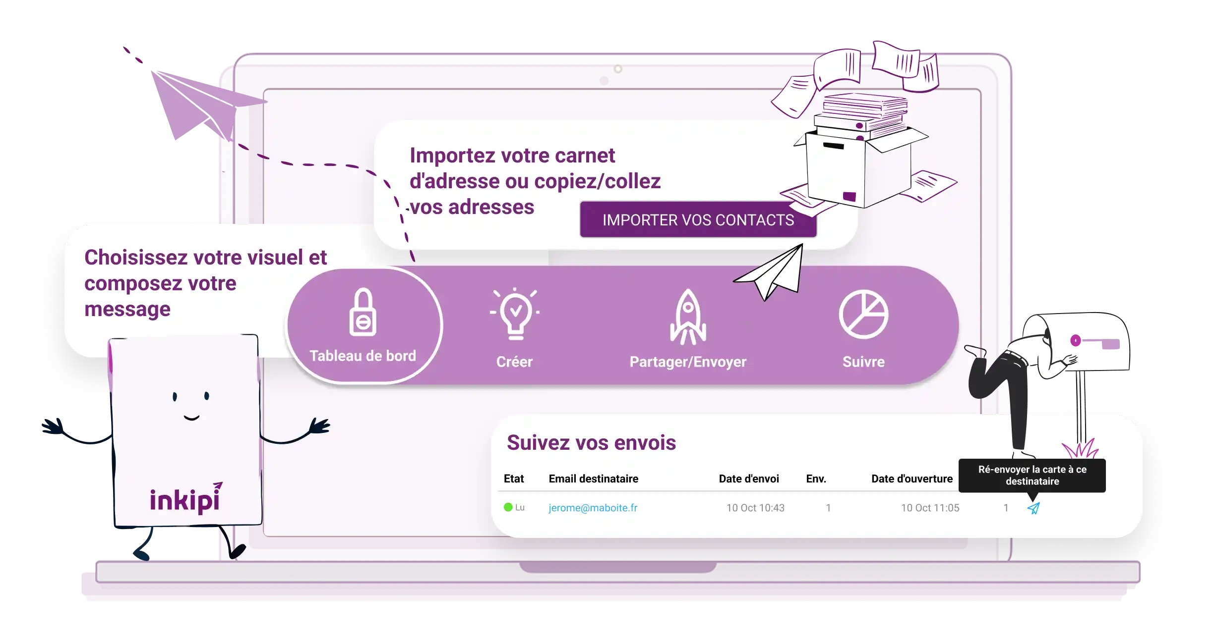 Parcours utilisateur Inkipi : choisir un visuel, importer ses contacts, envoyer une carte et suivre ses envois
