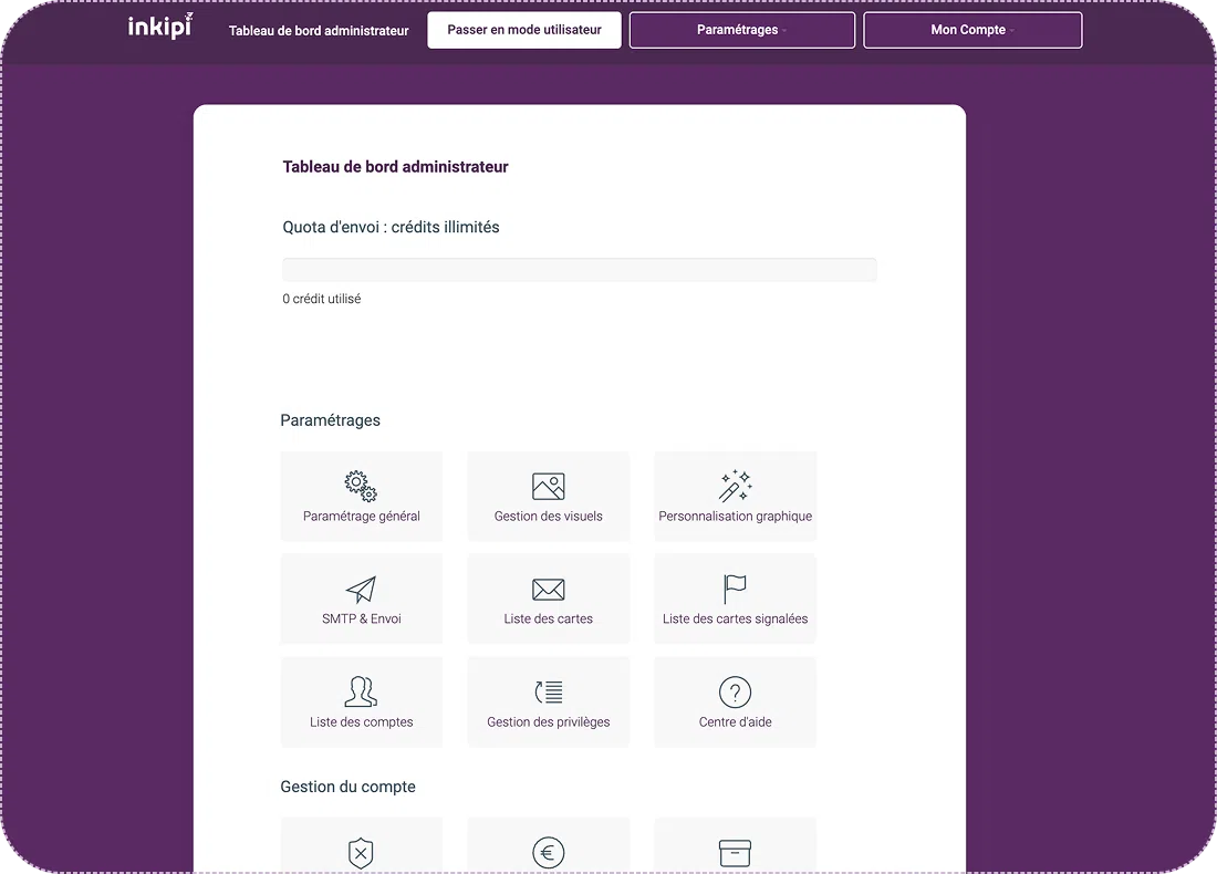 Capture de l’administration Inkipi avec gestion des visuels et statistiques
