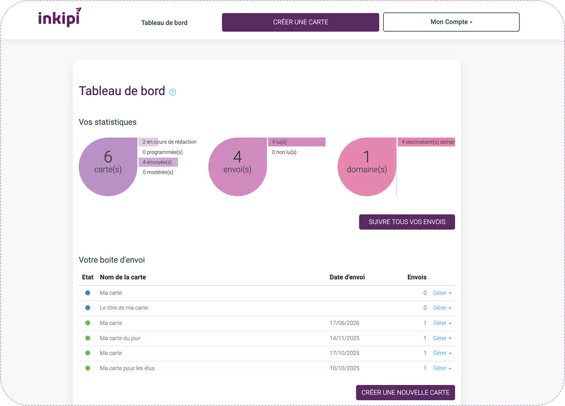 Capture de l’espace utilisateur Inkipi avec aperçu de carte et options d’envoi